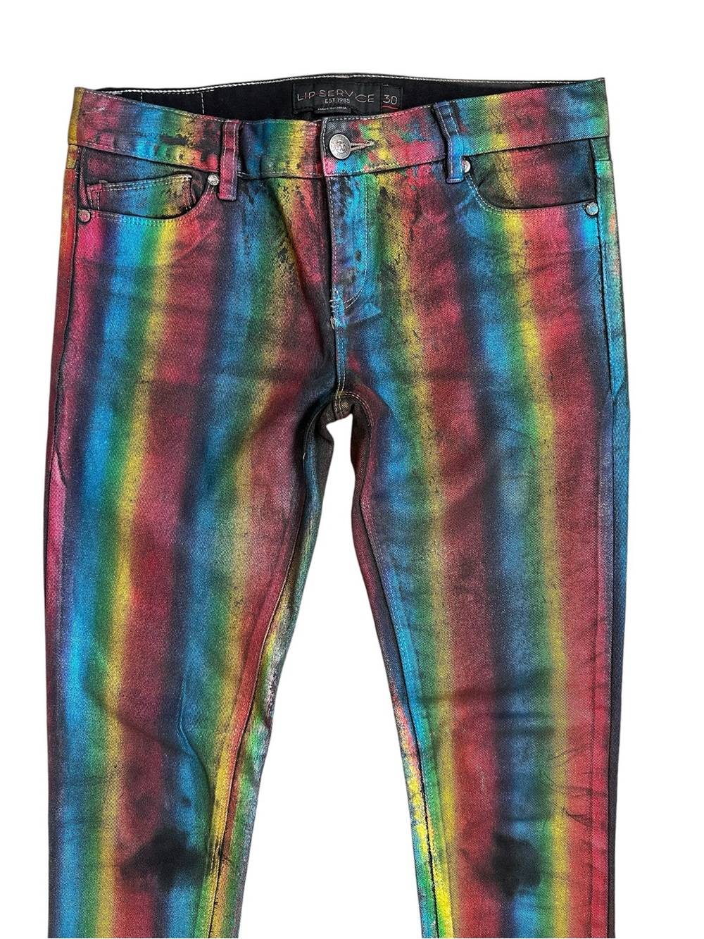 Vintage Lip Service Rainbow Pride Metallic Waxed Low Rise Skinny Jeans Size 30 - Picture 3 of 10